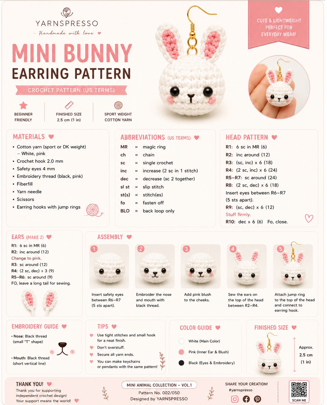 Mini Bunny Earring Crochet Pattern - pattern detail card
