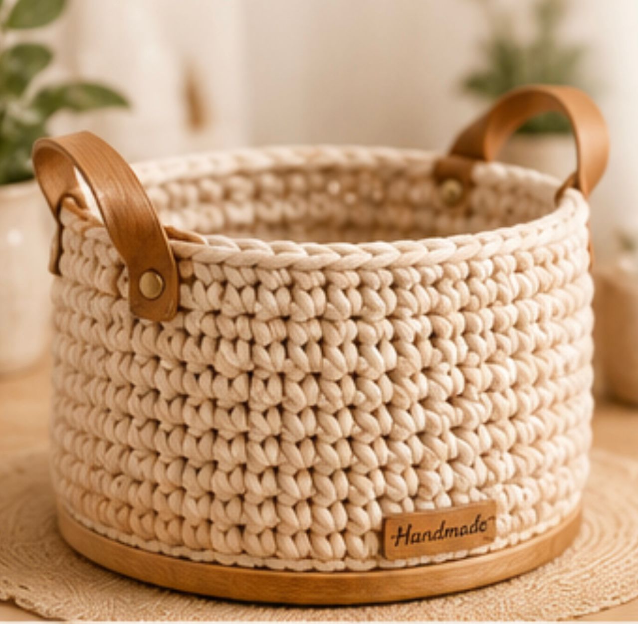 Fabric Basket with Wooden Base Crochet Pattern - finished basket