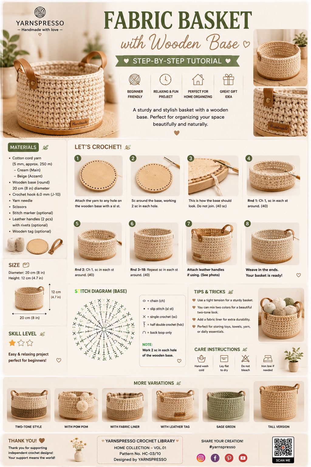 Fabric Basket with Wooden Base Crochet Pattern - pattern detail card