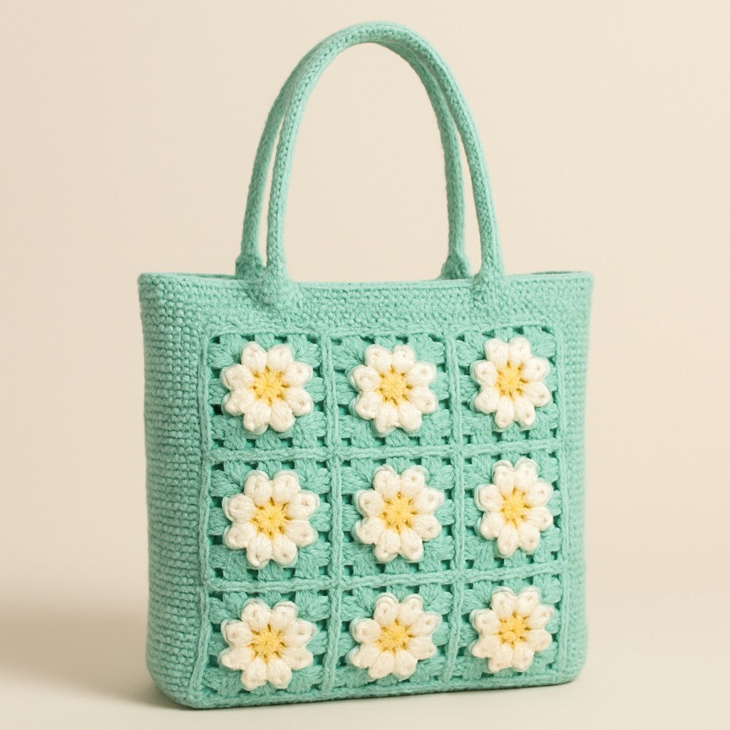 Yarnspresso — Mint Breeze Beach Tote with 3D Flower Granny Squares — Crochet Pattern