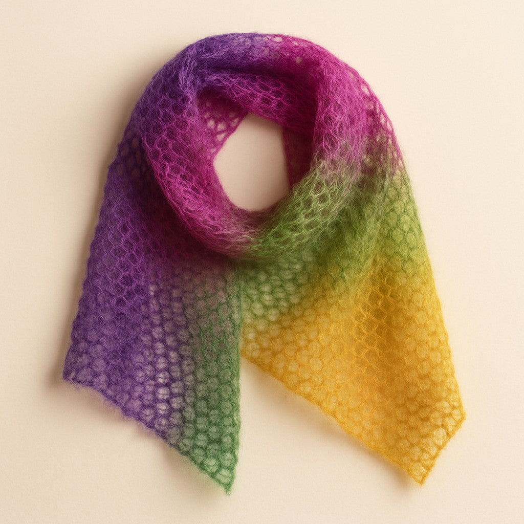 Yarnspresso — Rainbow Mohair Lace Wrap — Mohair Roll Purple, Fuchsia, Green, Gold Crochet Pattern