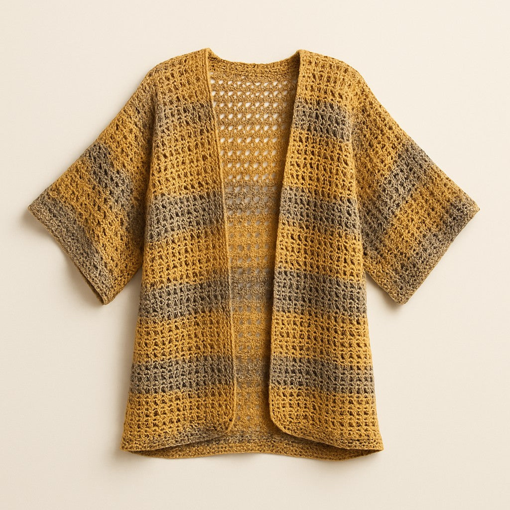 Yarnspresso — Sunset Waves Beach Kimono — Smart Sock Yellow, Gold, Grey, Brown Knitting Pattern